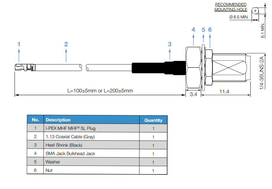 Mechanical Drawing - Siretta MHF5 Pigtail RF Cable Assemblies